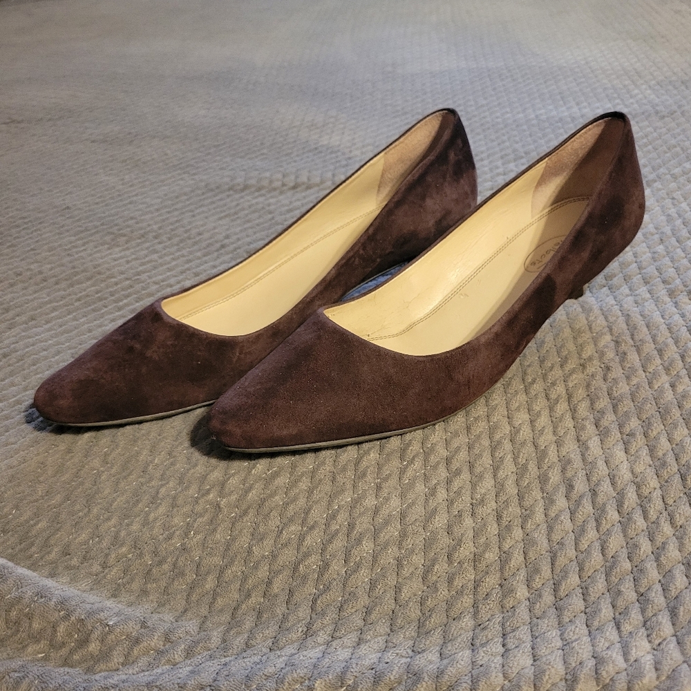 Talbots Brown Suede Narrow Pumps Brown Leather Calf Hair Pointy Toe, Size 10 AA